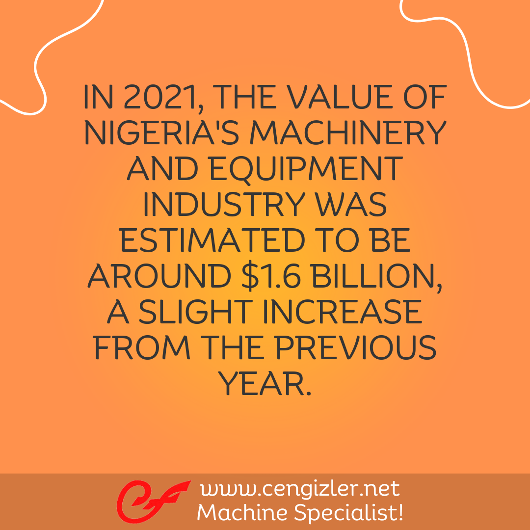 2 In 2021, the value of Nigeria's machinery and equipment industry was estimated to be around $1.6 billion, a slight increase from the previous year